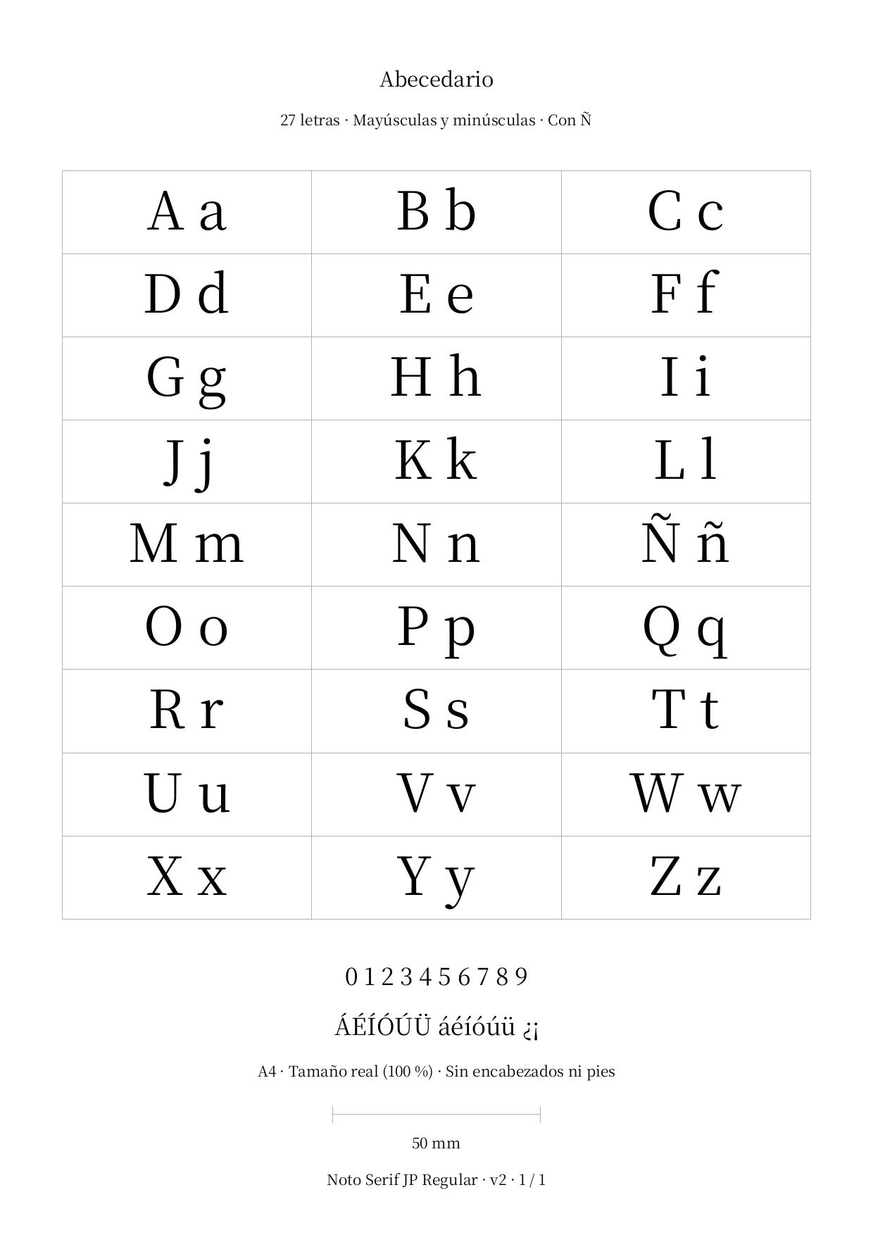 Spanish alphabet in capital and lowercase letters, including Ñ, on one A4 sheet.